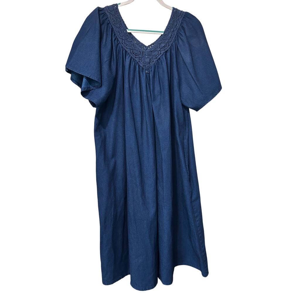 The Vermont Country Store Denim Dress Cotton Cottage Muu Muu Boho 1X Pockets